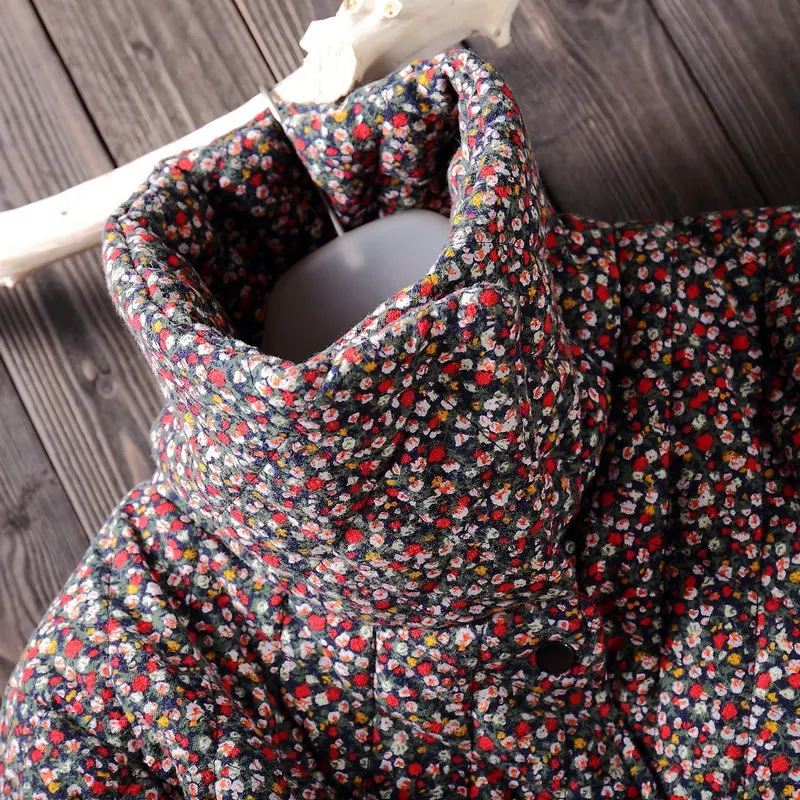 

2018 Winter Cotton Linen Cotton-padded Clothes Women's Long Heap Collar Large Size Floral-Print Cotton Linen Thick Quilted WOMEN