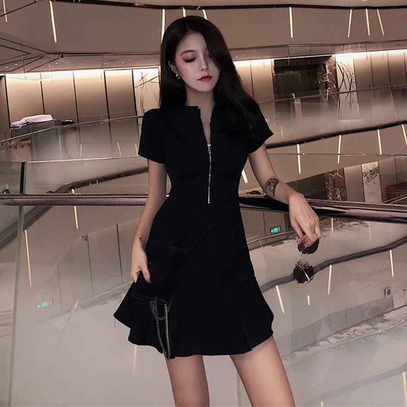 Women Summer dresses Fishtail black swing Dress Zipper Short Sleeve Casual Solid Color Plus Size sweet elegant mini a line dress
