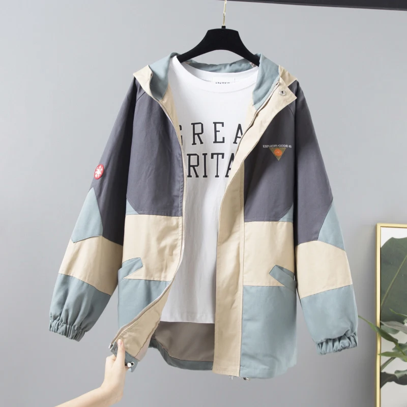 

Harajuku Loose Safari Style Hooded Patchwork Jacket Women Windbreaker Autumn New Fashion Long sleeve Baseball Jacket Coat Female