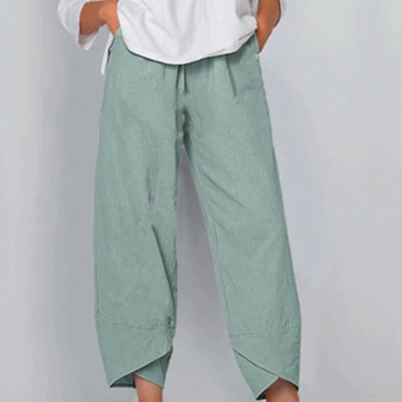 

Summer Solid Pants Women Cotton Linen Casual Loose Harem Pants Elastic Waist High Waist Wide Leg Pants Ladies Trousers Plus Size