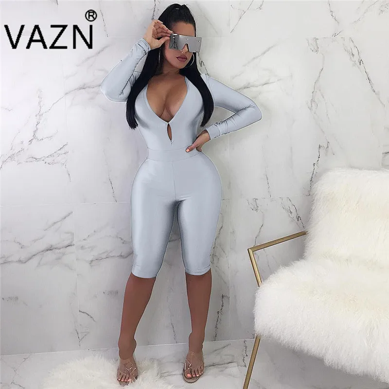 VAZN Осень сексуальный стиль лучшее качество женские Мини-комбинезоны твердые Глубокий v-образный вырез длинный рукав Тощий Леди Новинка комбинезон CY1048