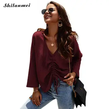 

Lady Sweater Female Drawstring For Women 2019 Fashion Sexy Long Sleeve Knitting Sweaters New Autumn V-Neck Solid Jumper Sweater