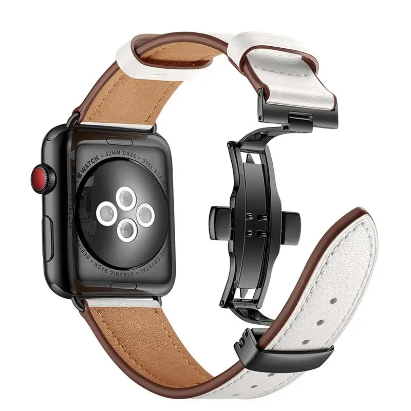 White Высокое качество кожаный ремешок для наручных часов Apple Watch Series 4 черная застежка-бабочка на запястье 44 мм 40 мм браслет ремешок для наручных часов iWatch 3/2/38 40 мм - Цвет ремешка: White