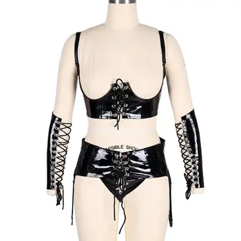 

PU Leather Set Harness Underwear Black Crop Tops Bandage Body Cage Strap Panties Belt Suspender Adjust Club Rave Wear Punk Goth