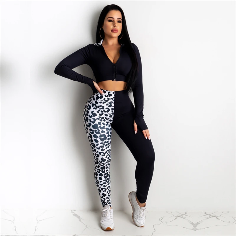 

Women's Jogging Suit Long-sleeved V-neck Short Top With Color Matching High-waist Trousers Female Sweat Suit Gym Set