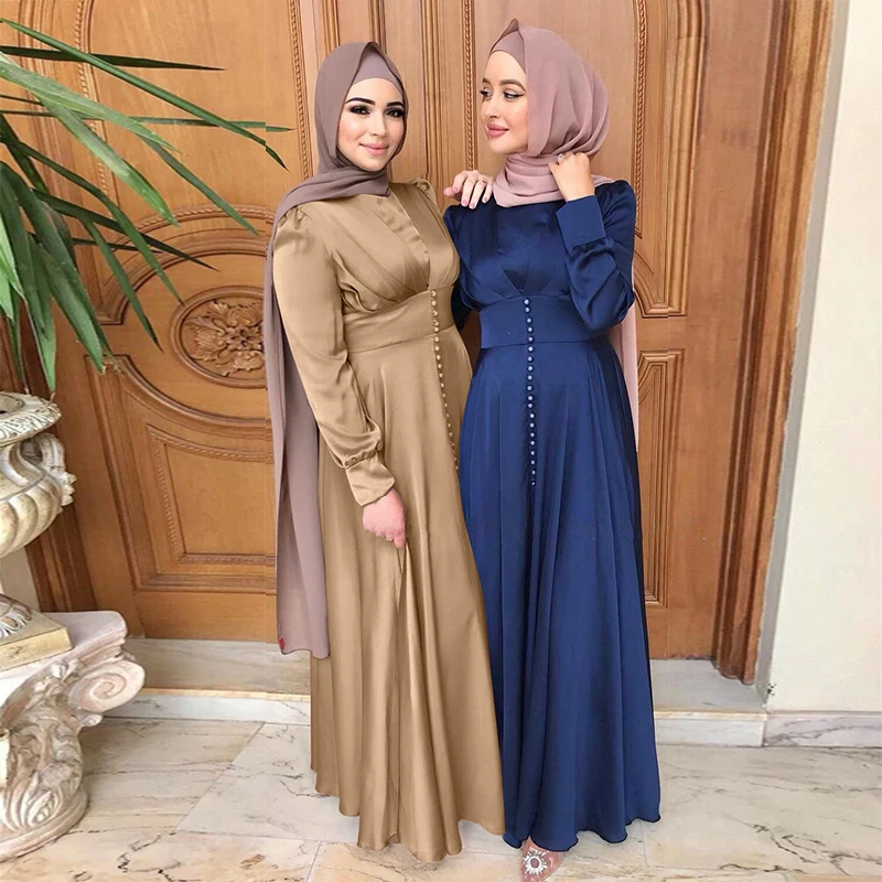 Eid Mubarak Satin Muslim Long Dress 