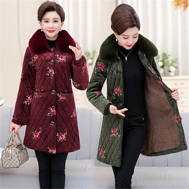 

Middle-aged Cotton Coat Mid-Long Fur Collar Embroidery Large Size Thicken Winter Keep Warm Parker Coat jacket Mother Loaded A955