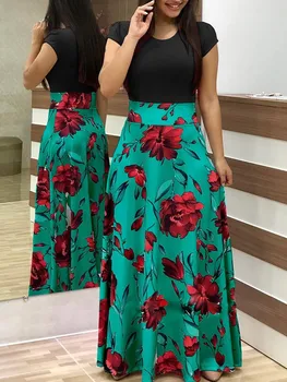 

New Women Robe Summer 2020 Maxi Dress Short Sleeve Patchwork Printed Long Boho Dress High Waist Big Swing Summer Dress Femme