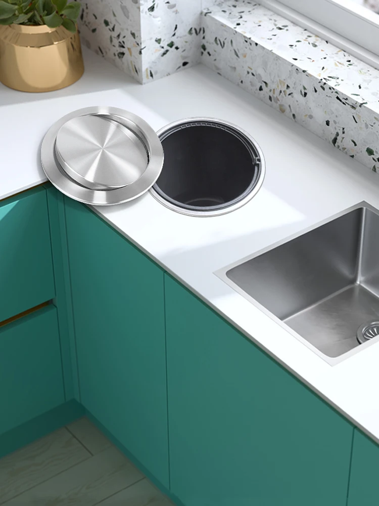Stainless Steel Flush Recessed Built-in Balance Swing Flap Lid Cover Trash Bin Garbage Can Kitchen Counter Top