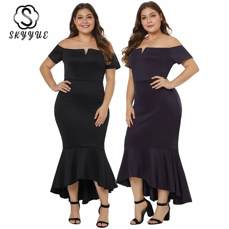 

Skyyue Evening Dress Solid Short Sleeve Women Party Dresses Boat Neck Off The Shoulder Robe De Soiree Evening Gowns 2019 T013