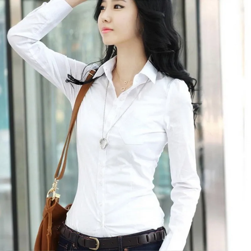 Женская блузка модные летние качества офисная Дамская официальная Вечеринка длинный рукав тонкий воротник блузка повседневная однотонная белая рубашка Топ