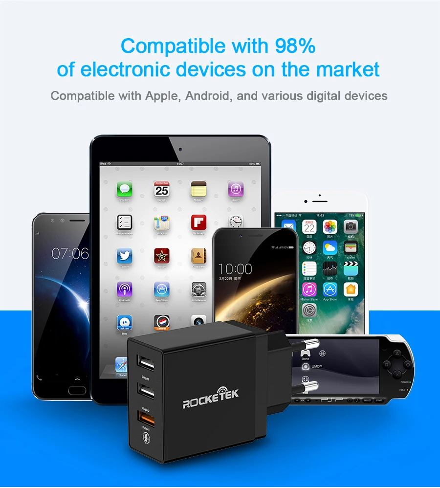 Зарядное устройство Rocketek USB Quick Charge QC 3,0 2,0 a, быстрое зарядное устройство USB для мобильного телефона, подходит для samsung Xiaomi 5 huawei