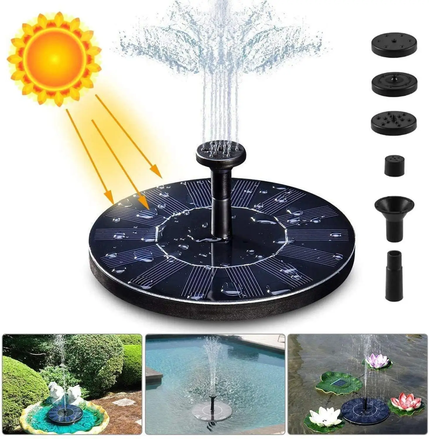 6 Spray Patterns 1.5w Solar Fountain Pump Solar Powered Bird Bath Fountains Standing Floating