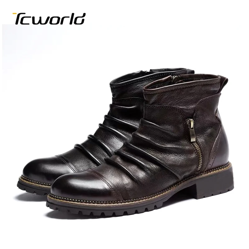 

Vintage Chelsea Boots Men's Denim Short Boots European and American Style Botas Masculina Leather Zipper Martin Boots US6.5-13