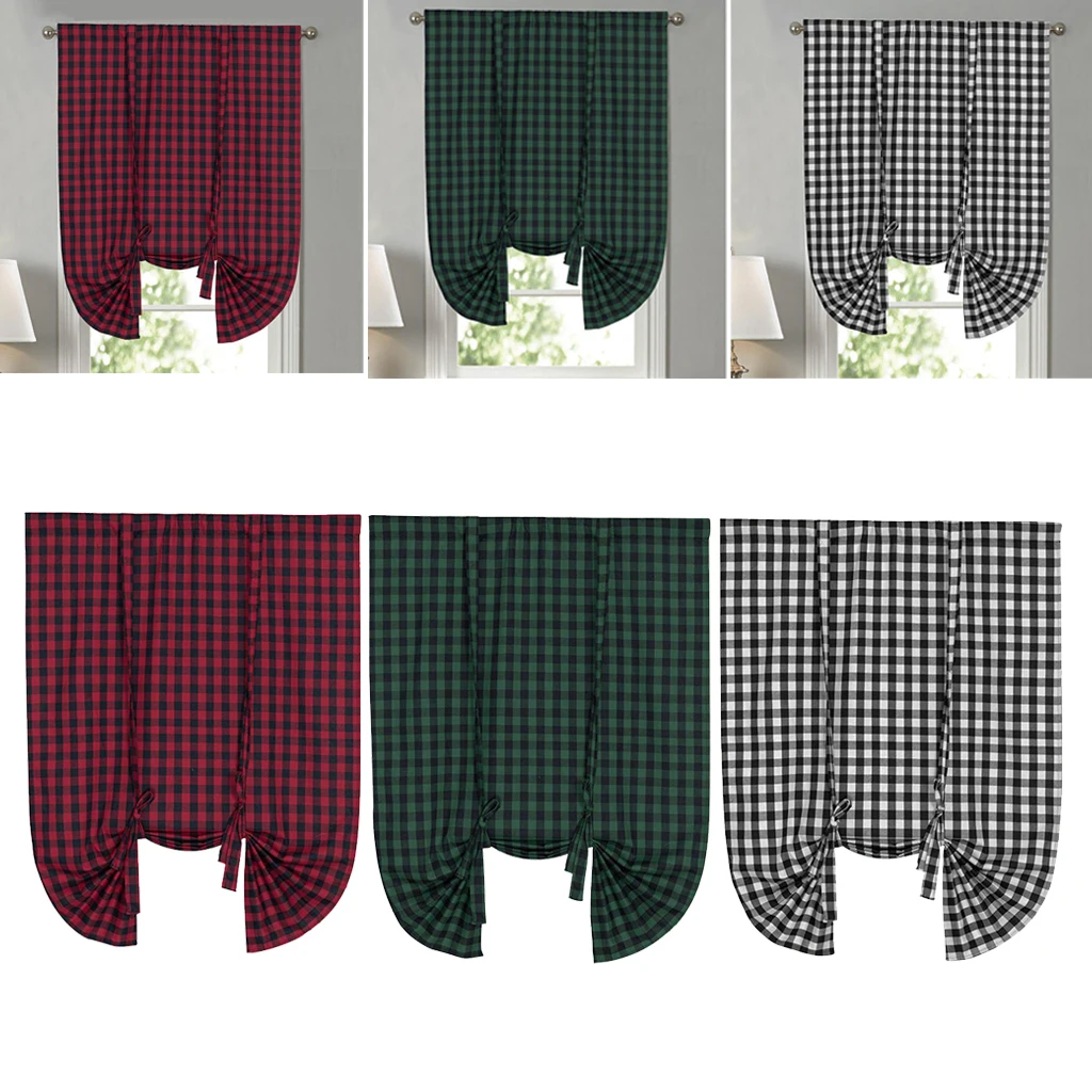 Buffalo Check Tie Up Curtains for Windows - Rod Pocket Semi Sheer Light Reducing Kitchen Valance Curtains, 42 x 63 Inches