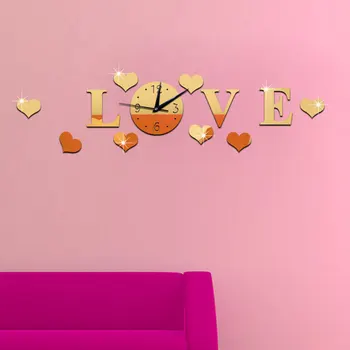 

Acrylic Mirror Sticker Bedroom 3D Living Room Battery Powered Love Shape Art Removable Home Decor Wall Clock Accessories Gift