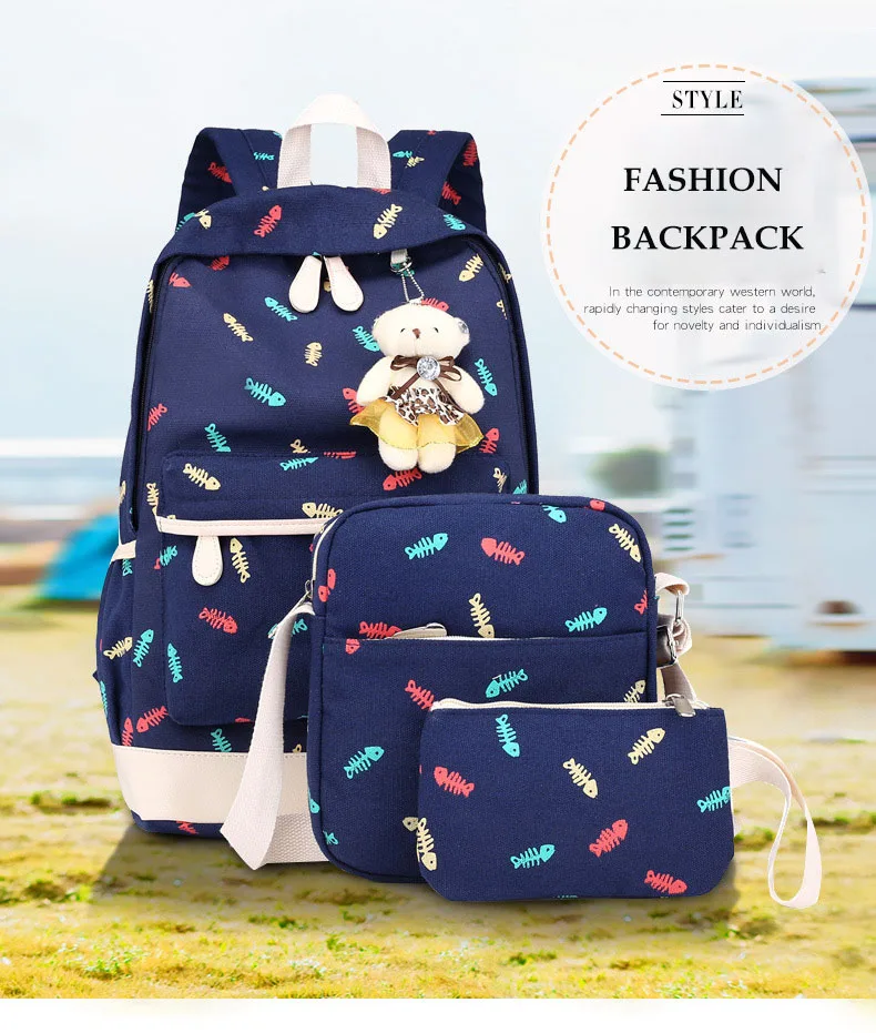 3 Pcs Printing Canvas School Bag for Teenagers Girls New 2019 Fashion Floral Backpacks College Large Capacity Laptop Travel bags (1)