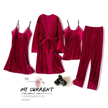 

Soft Women Nighy&Robe Set Velour Kimono Bathrobe Gown 4PCS Lace Sleepwear Intimate Lingerie Robe&ShortS&Pants&Nightie Homewear