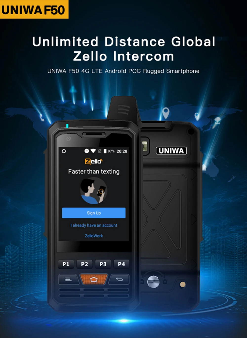 UNIWA F50 4G LTE Global Zello прочная PTT рация 2,8 ''сенсорный экран 8 Гб rom 4000 мАч Android 6,0 Четырехъядерный 4G смартфон