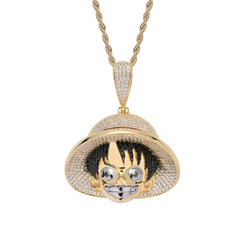 

Hip Hop AAA Cubic Zirconia Paved Bling Iced Out ONE PIECE Luffy Pendants Necklace for Men Rapper Jewelry Gold Color