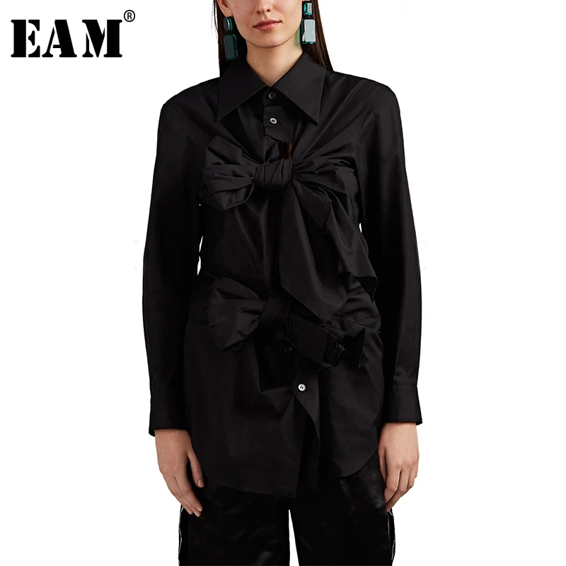 

[EAM] Women Hollow Out Bow Bandage Pleated Blouse New Lapel Long Sleeve Loose Fit Shirt Fashion Tide Spring Autumn 2019 1A344