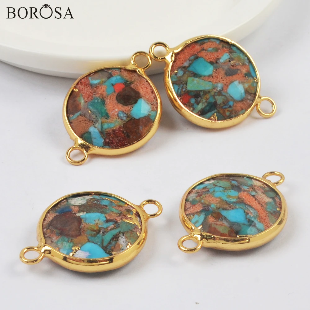 BOROSA Gold Plating Round Natural Coral Turquoises Connectors Gems Necklace Natural Stone Beads for Bracelets Jewelry DIY G2008 image_2