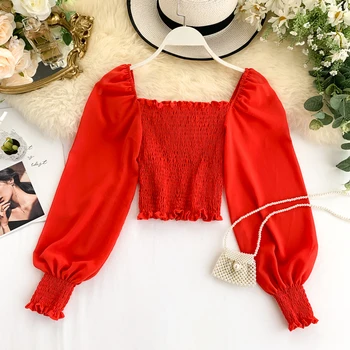 

Autumn 2019 New Elastic Folded Long Lantern Sleeve Chic Short Crop Tops Women Slash Neck Sexy Roupa Feminina J544