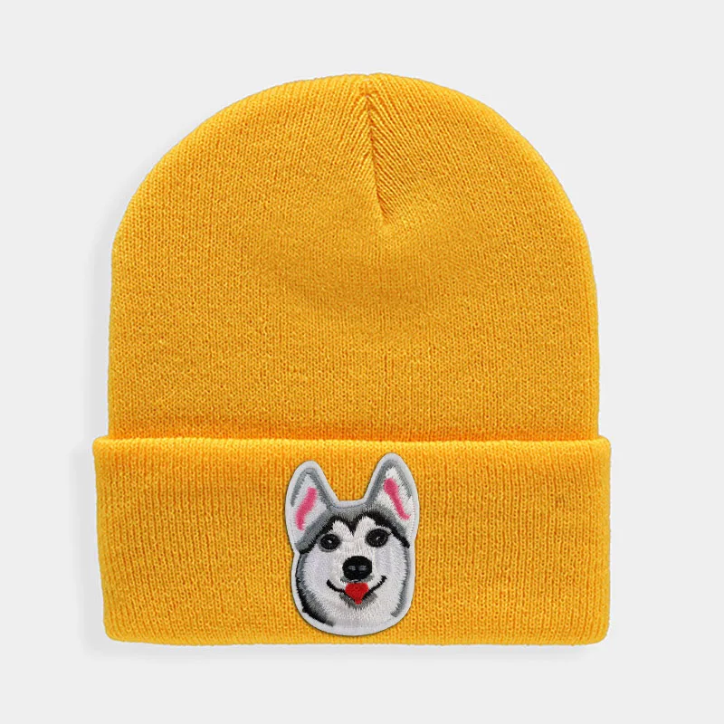 Huskies Hats Fashion Patches Sweet Beanie For Unisex Winter Brimless Stretchy Bonnet Solid Color Outdoor Cap Knitted Beanie - Цвет: Yellow