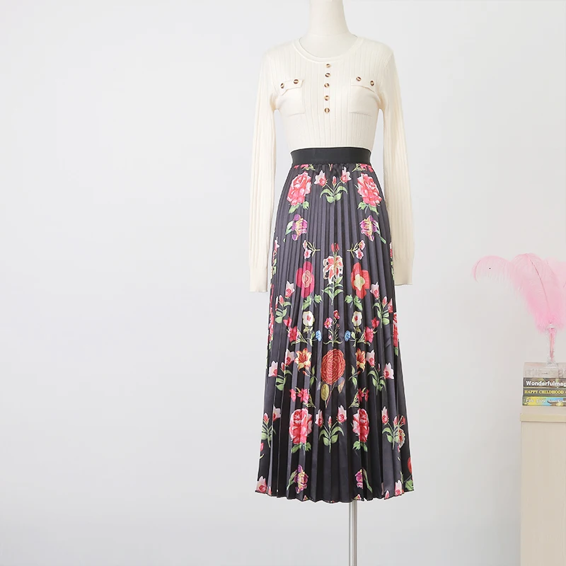 waist high Printed skirt female new slim small black skirt wild pleated skirt autumn