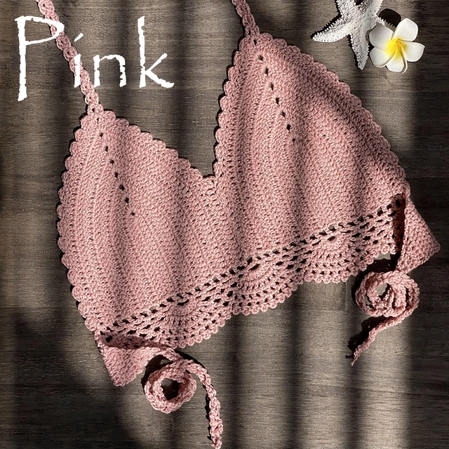 2021 New Bikini Top Handmade Crochet Women Boho Beach Bralette Solid Halter Knitted Swimsuit Brazilian Bikinis Bathing Suit Top Pink