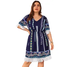 Дизайн; платье большого размера; Новинка года; летнее платье с короткими рукавами и кисточками; Лидер продаж