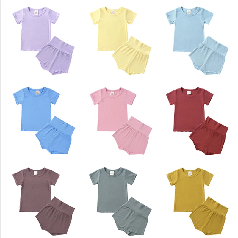

New Children's Cotton Baby Suit Short Sleeve Boys Girls Kid's T-shirt 2pcs Sets Thin Summer High Waisted Shors Solid Clothes