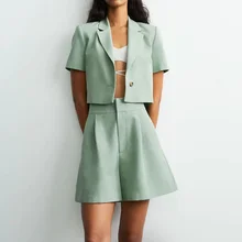 Ensemble 2 pièces en lin pour femmes, élégant, décontracté, short et blazer, manteau, mode, rue, été, 2021, 2021 nouveau, 2021 