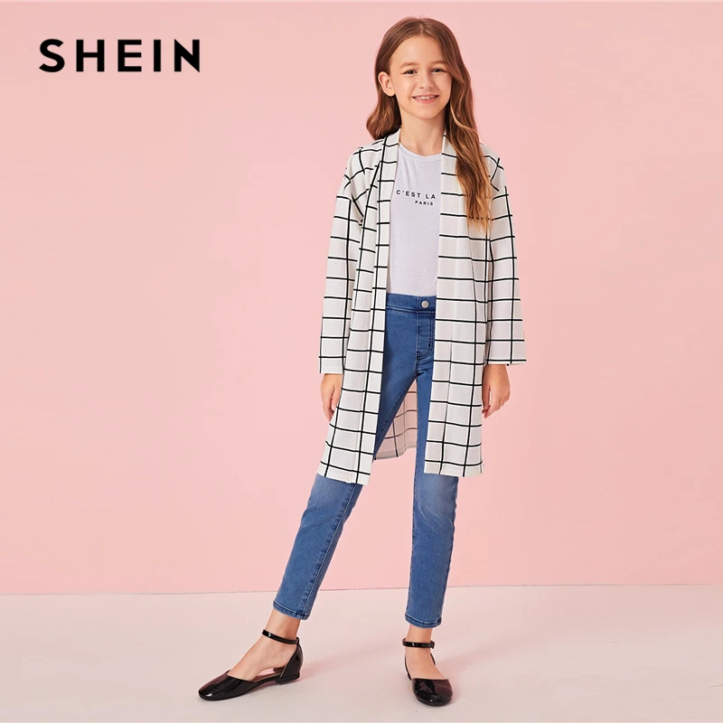 SHEIN Kiddie White Plaid Print Girls Open Front Long Coat Kids Clothes Autumn Long Sleeve Casual Coats For Children