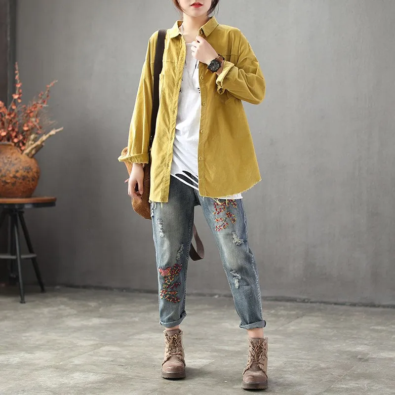 Осенние женские вышитые рваные ретро джинсы, дамские отбеленные винтажные джинсовые брюки с эластичной талией