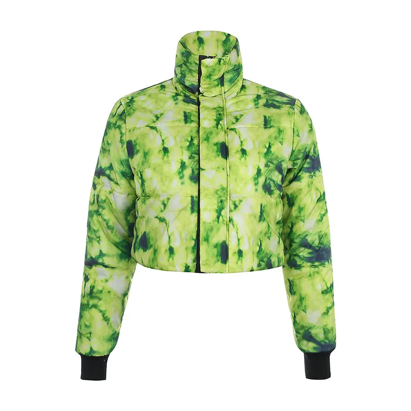 Зеленый BOOFEENAA, неоновая, зеленая, с принтом Tie Dye, укороченная куртка-пузырь, Женская куртка-пуховик, парка, уличная одежда, женские зимние куртки и пальто, C67BA27 - Цвет: Зеленый