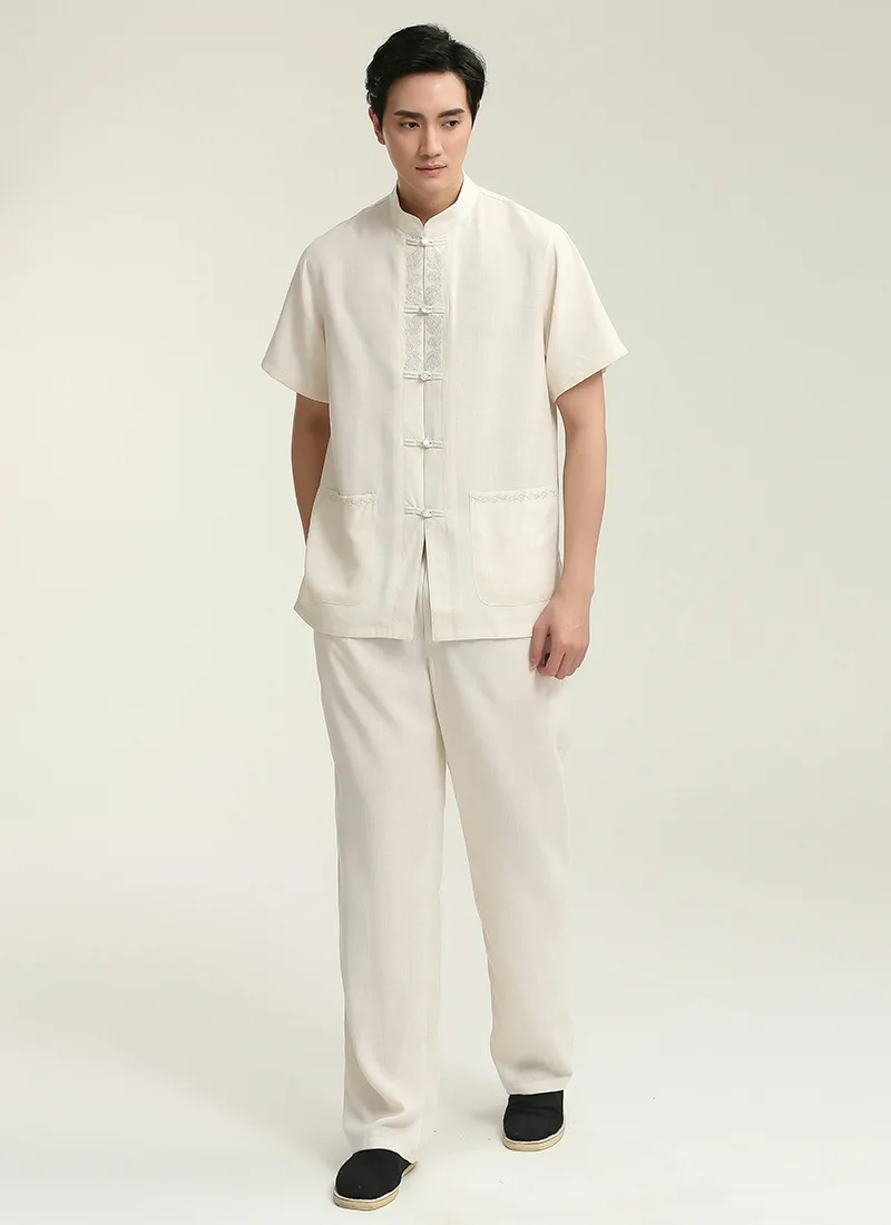 Китайский стиль, китайский стиль, лен, 2710-1 китайский костюм, мужской топ с длинными рукавами, рубашка с длинными рукавами среднего возраста/комплект