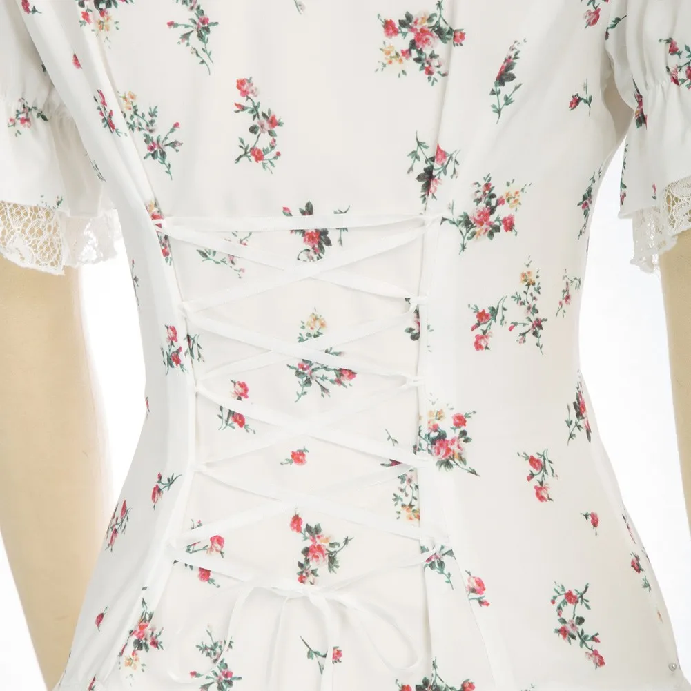 Women Renaissance Shirt Short Sleeve V-Neck Curved Hem Blouse Summer Victorian Tops Floral Print Steampunk Lace Up Blouse A30
