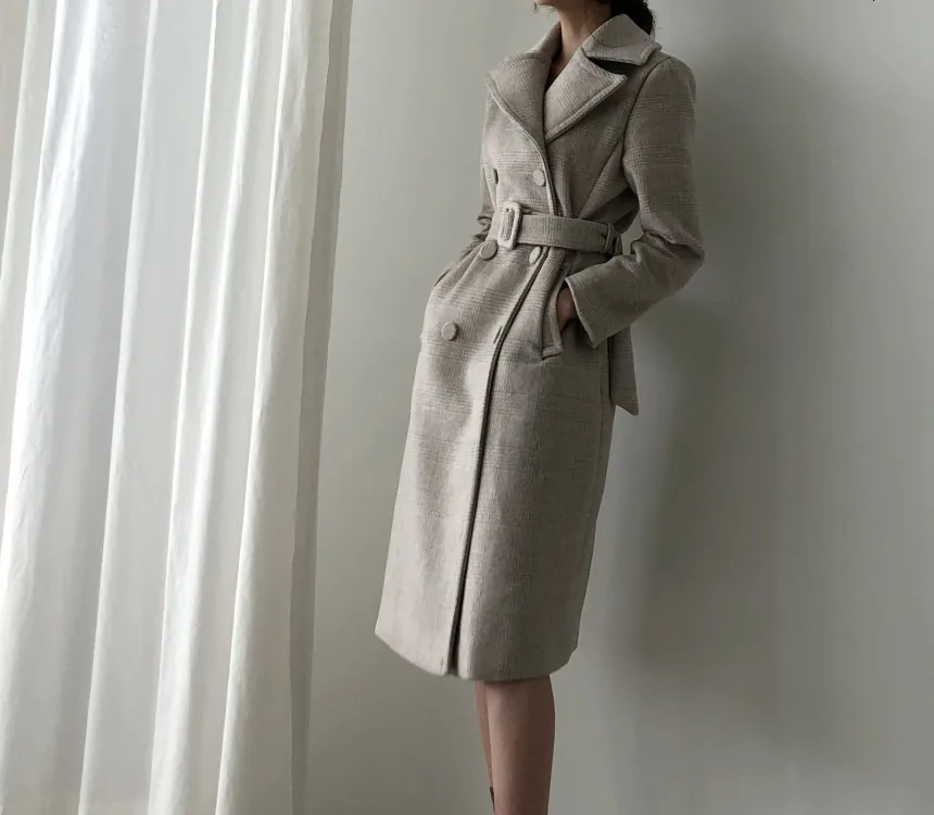 Зимнее женское пальто, новое шерстяное Casaco Feminino, Модное Длинное клетчатое пальто с поясом, офисное Женское пальто, манто Femme Hiver