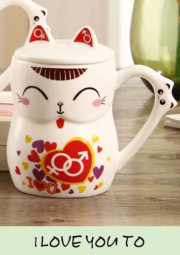 Love U too 330 мл Lucky Kitty чашка с рукояткой музыкальный инструмент крышка ложка котенок молоко кофе керамическая кружка для детей Подарки для дома и офиса - Цвет: Love U too