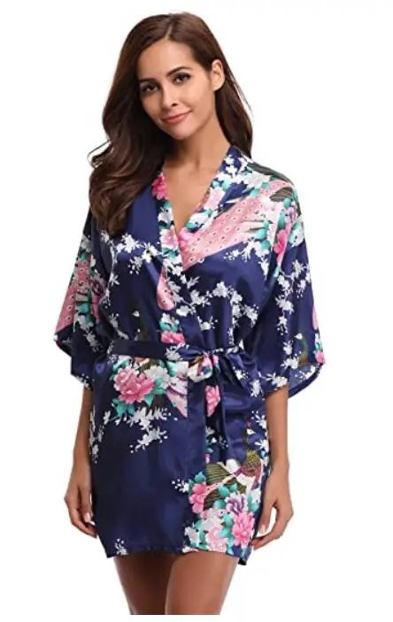Silk Satin Wedding Bride Bridesmaid Robe Floral Bathrobe Short Kimono Robe Night Bath Fashion Dressing Gown For Women