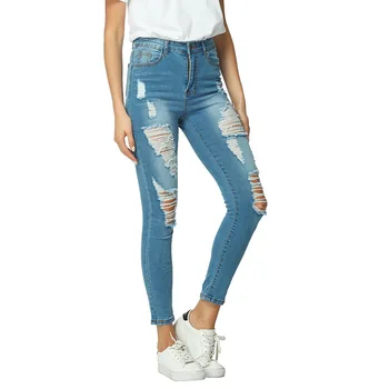 

KALENMOS Newest Autumn Jeans Pencil Pants Women High Waist Slim Retro Hole Ripped Denim Jeans Casual Stretch Trousers Jeans