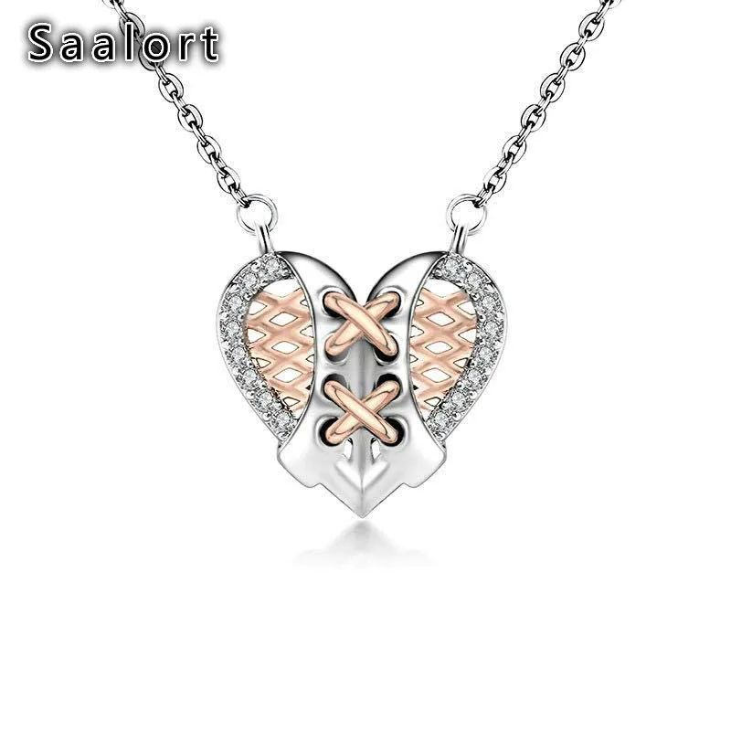 

Ladies Two-tone Electroplated Mesh Heart Necklace with Inlaid Cubic Zircon and Exquisite Clavicle Chain for Valentine's Day Gift