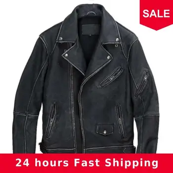 

2020 Vintage Black Men Slim Fit Motorcycle Leather Jacket Plus Size XXXL Genuine Thick Cowhide Winter Biker's Leather Coat