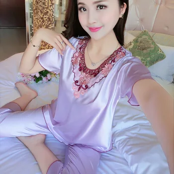 

Pajama Set New Pijama Pyjamas Woman Spring Summer Plus Size Sexy V-Neck Lace Silk Solid Home Sleepwear Suit Short sleeve Pajamas