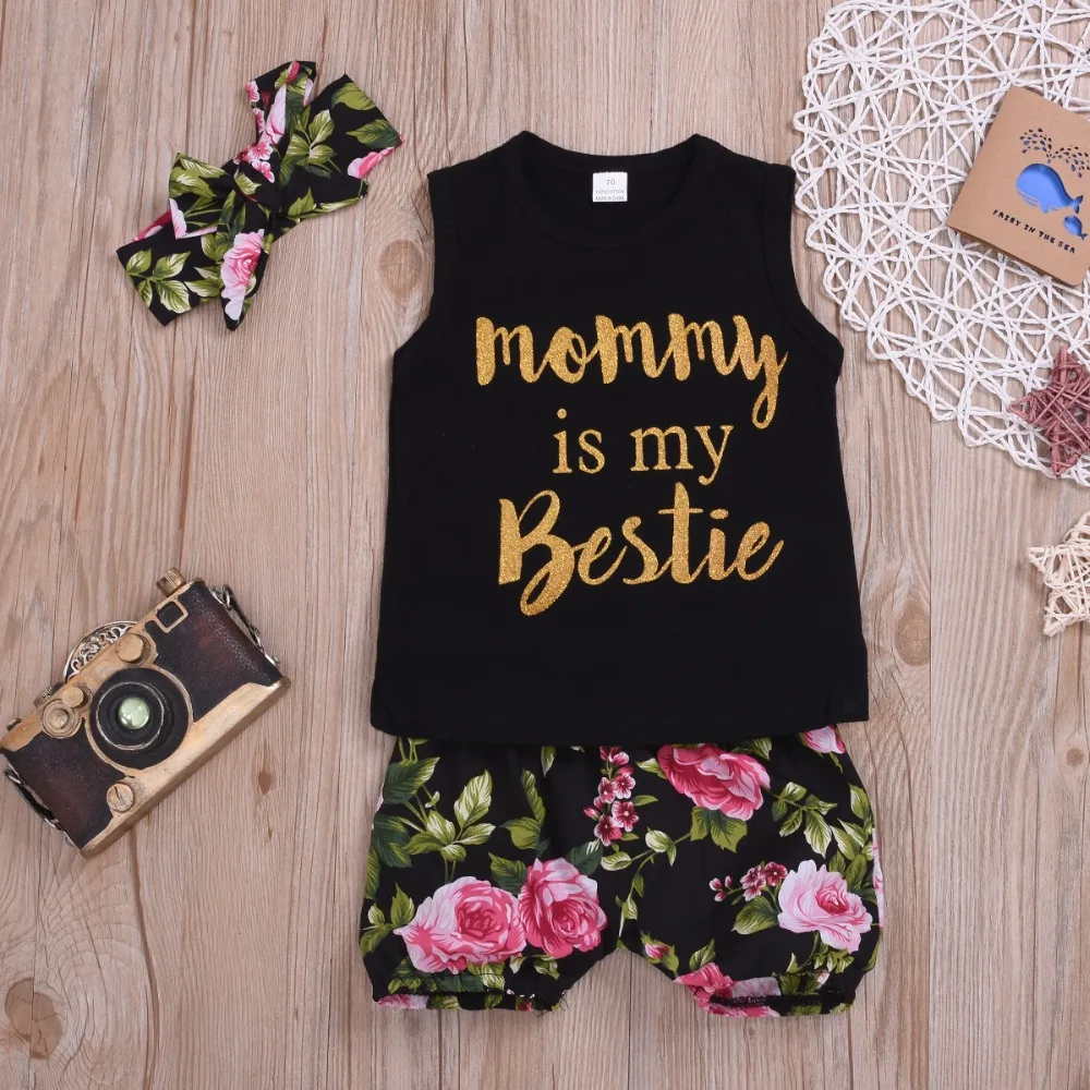 От 6 месяцев до 3 лет для маленьких девочек майка без рукавов Mommy is my bestie топ+ шорты с цветочным принтом+ повязка на голову, комплект одежды из 3 предметов, модная детская одежда