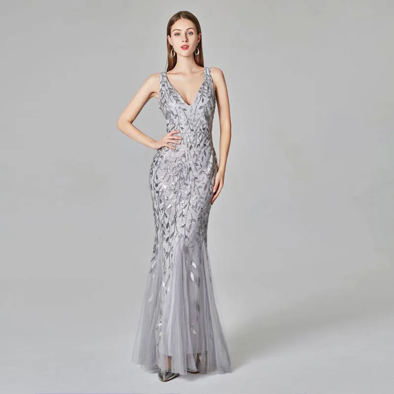 Beauty Emily сексуальное вечернее платье с v-образным вырезом и рукавом-бабочкой модное серебряное Тюлевое платье русалки с аппликацией на молнии сзади Robe De Soiree