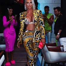 Mulheres Abrir Ponto Jacket Duas Peças Define Blazer Impresso Lápis Do Vintage Calça Retro Feminino Impresso Roupa Pant Ternos Para Mulheres(China)