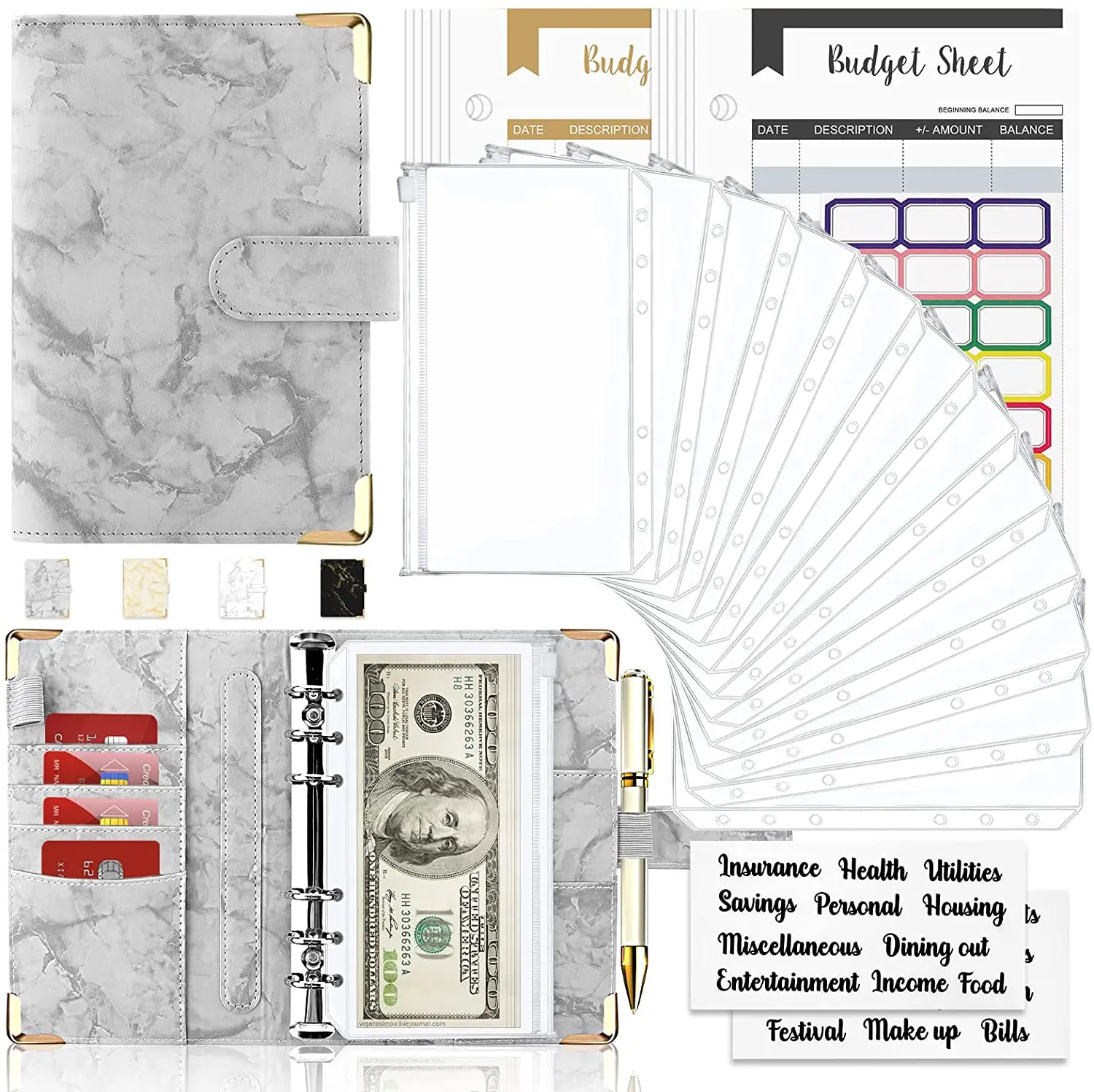 Money Budget Binder 28 Pcs with Zipper Envelopes