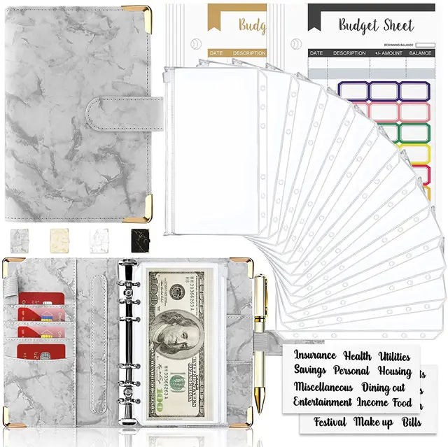 28Pcs Money Budget Planner Binder with Zipper Envelopes, Cash Envelopes for Budgeting, Money Organizer for A6 Cash Budget Binder Grey Marble-28pcs